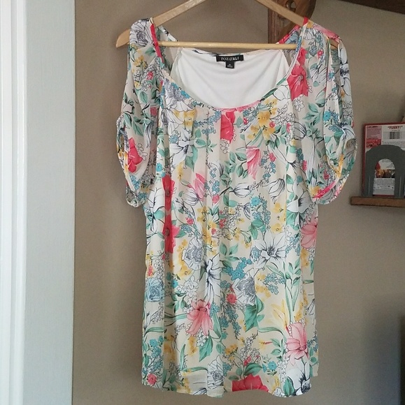 NWOT ROZ & ALI FLORAL PRINT COLD-SHOULDER BLOUS - Picture 1 of 4