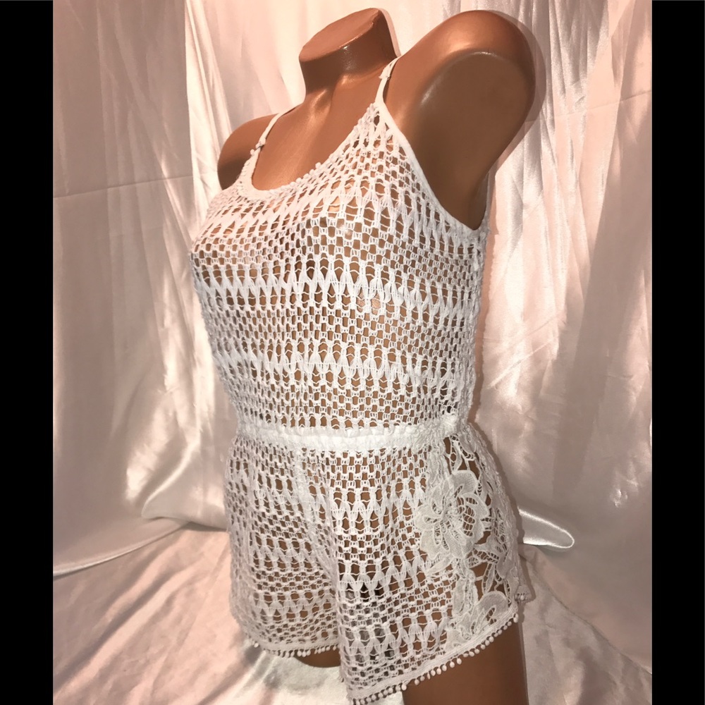 VS Crochet Romper beach Swim cover Shorts white