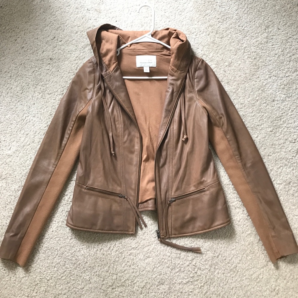 Hinge Brown Hooded Leather Jacket XS