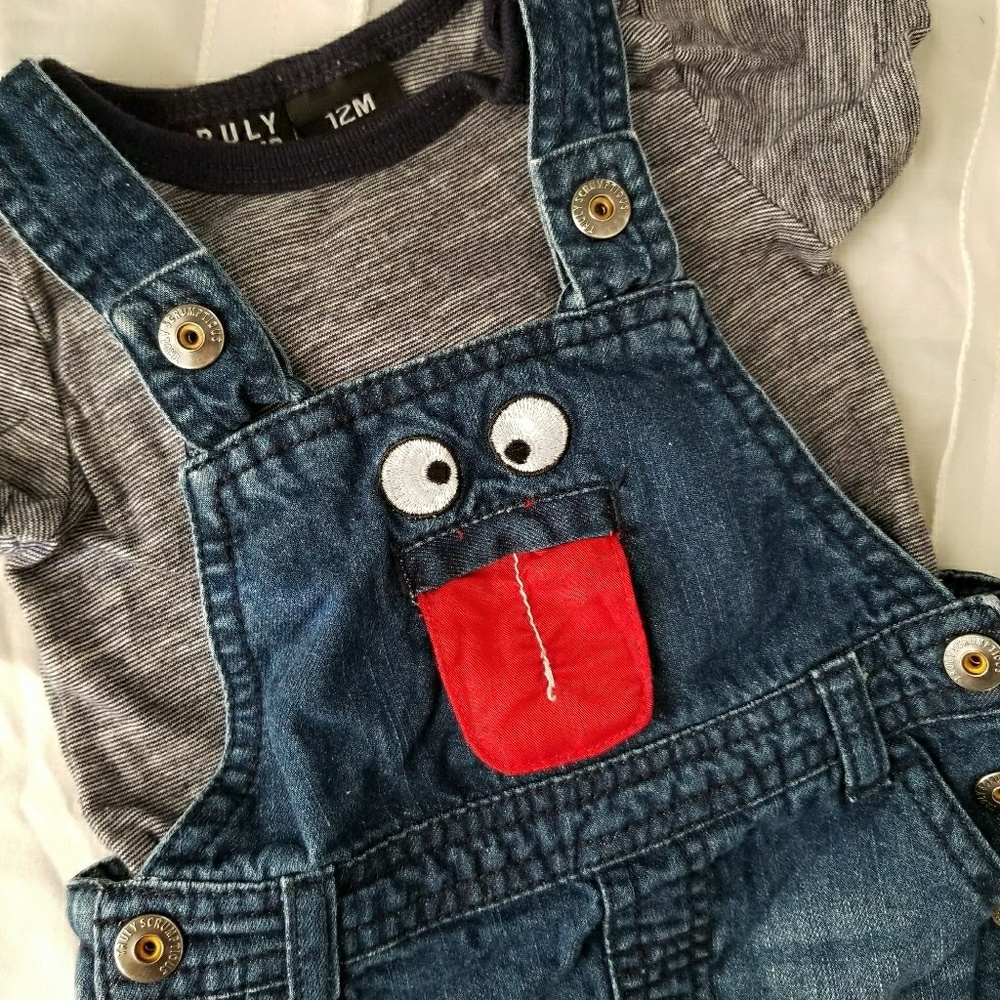 12 Month Jean Overall & Blue/White Striped Onesie