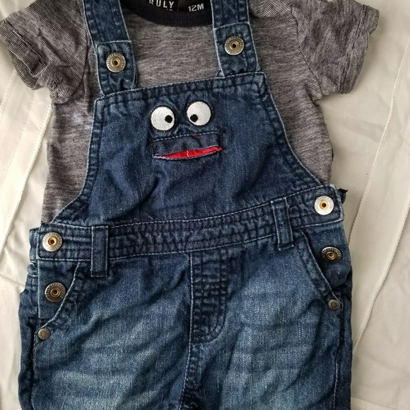 12 Month Jean Overall & Blue/White Striped Onesie - Picture 2 of 4