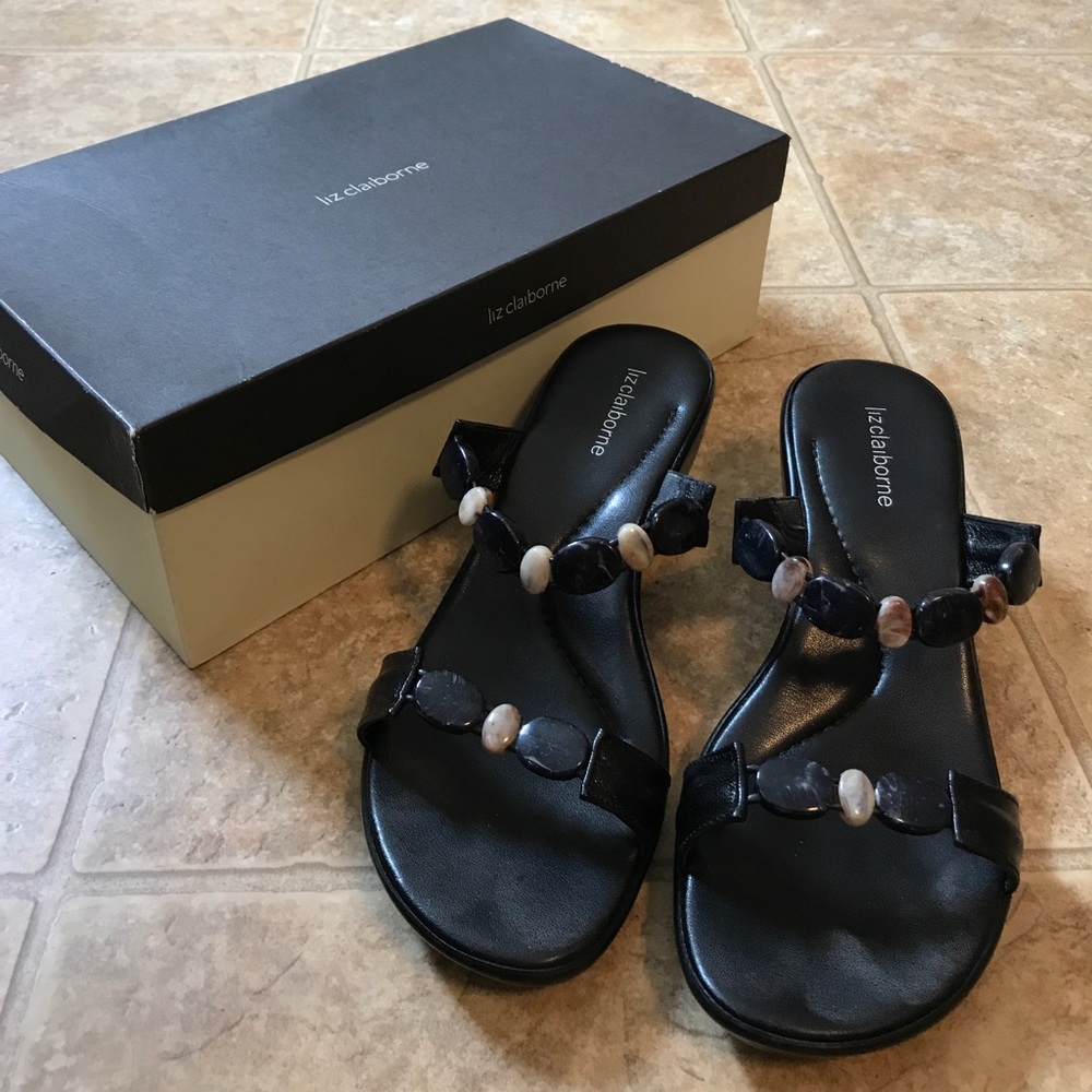 Liz Claiborne Black Leather Wedge Slides