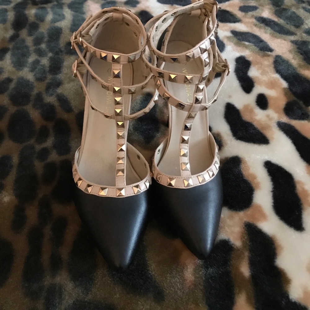 Black/beige studded heels! Wore once!