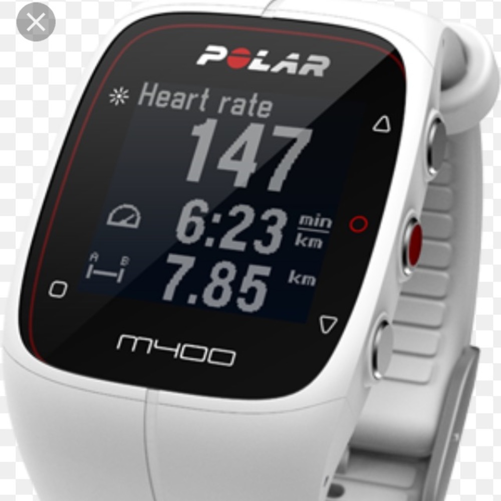 Polar m400 watch, heart rate monitor, charger.