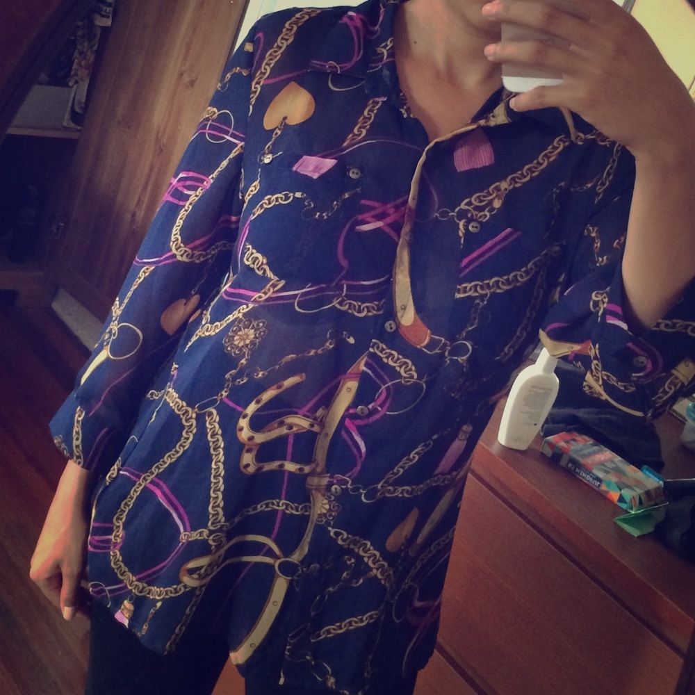 Navy Top with Gold Chains Print
