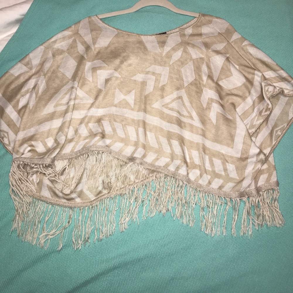 Tan Patterned Fringe Poncho