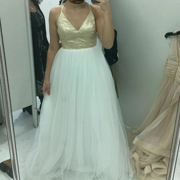 macy's white and gold prom dress