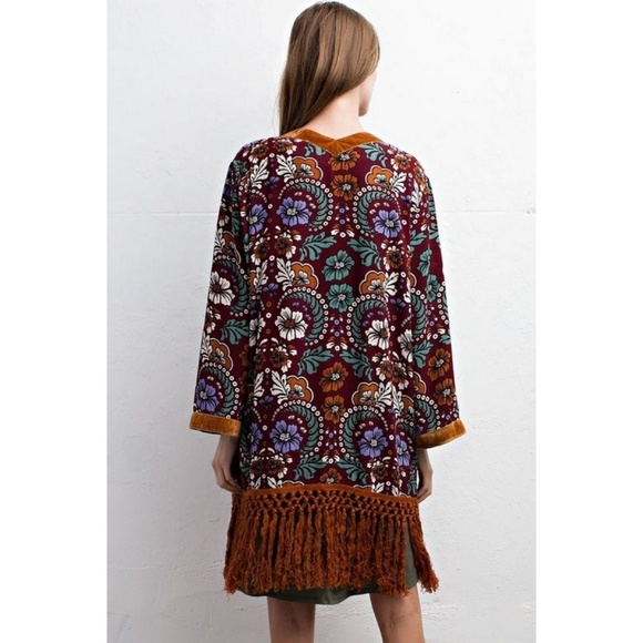 Velvet trim print kimono with fringe tassels - Picture 4 of 8