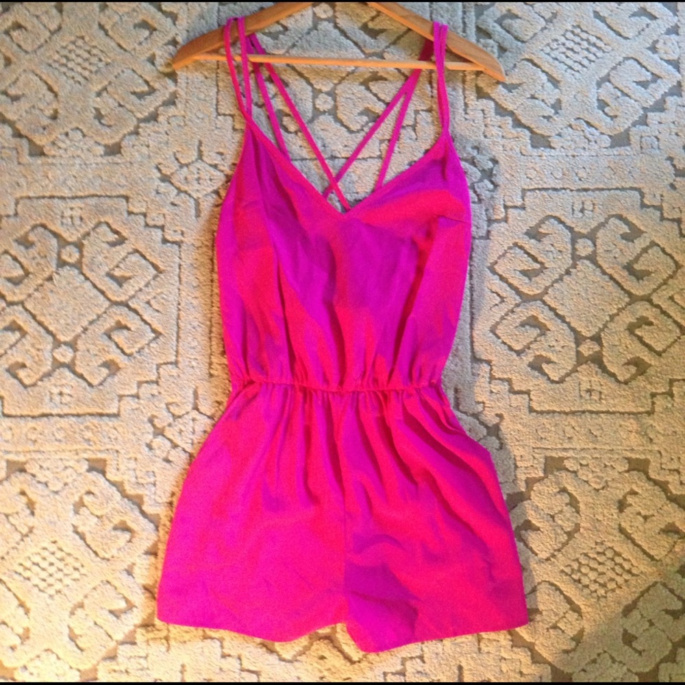 Hot pink silky romper with detailed back (S)