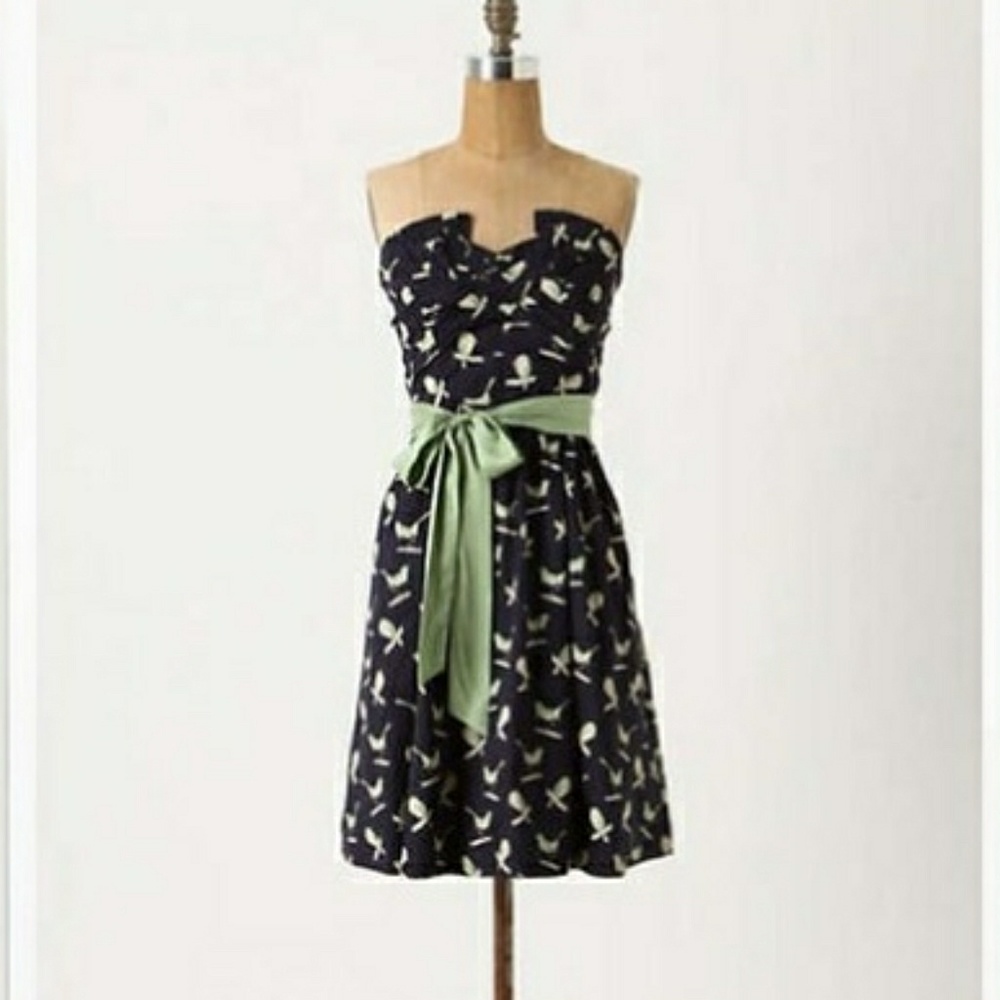 Navy blue Anthropologie dress with bird print