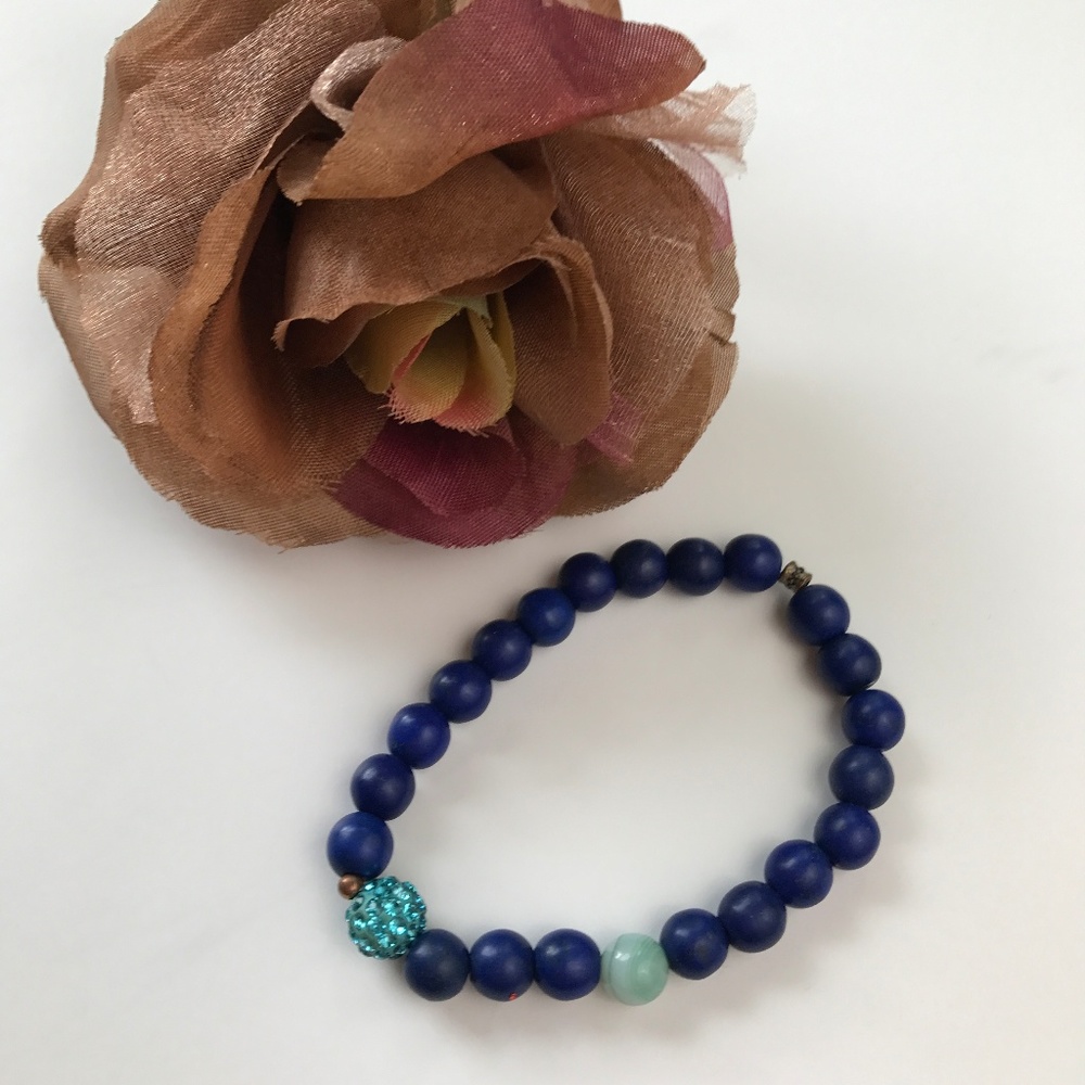 Blue Beaded Elastic Braclet W/ One "Bling" Bead