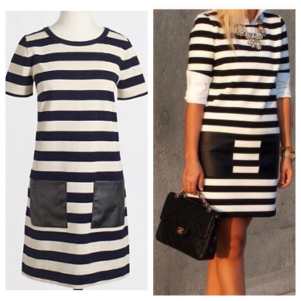 Blue stripe faux leather pocket dress