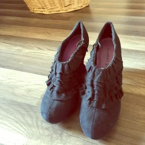 Black suede ruffle heels