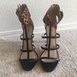 Cheetah print strap, caged black heels