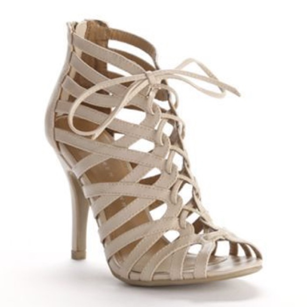 Nude laceup heels