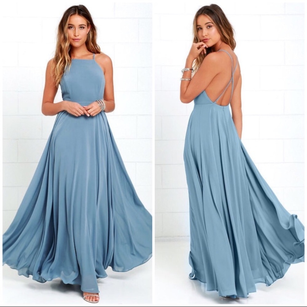 Floor length slate blue dress