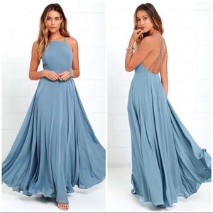 Floor length slate blue dress