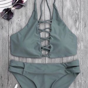 Tie back crisscross strappy bikini set- Slategray