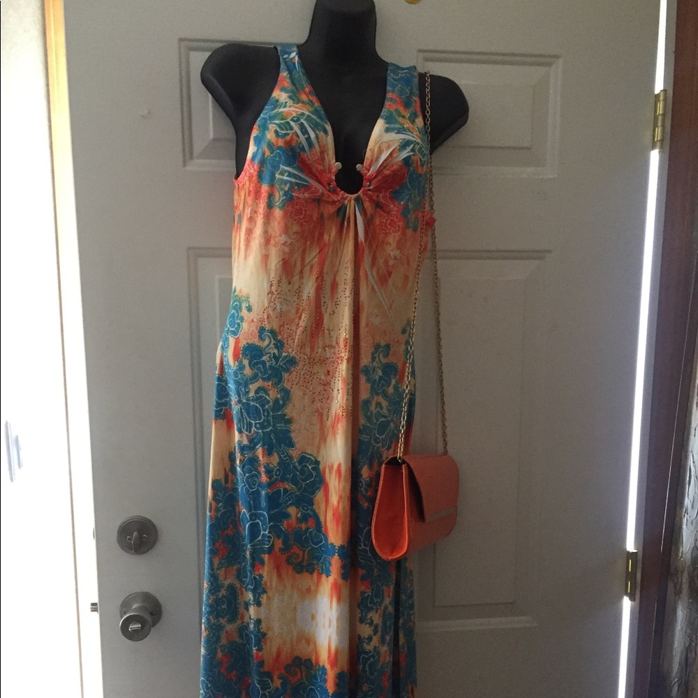 Multi colored maxi dress with chain purse
