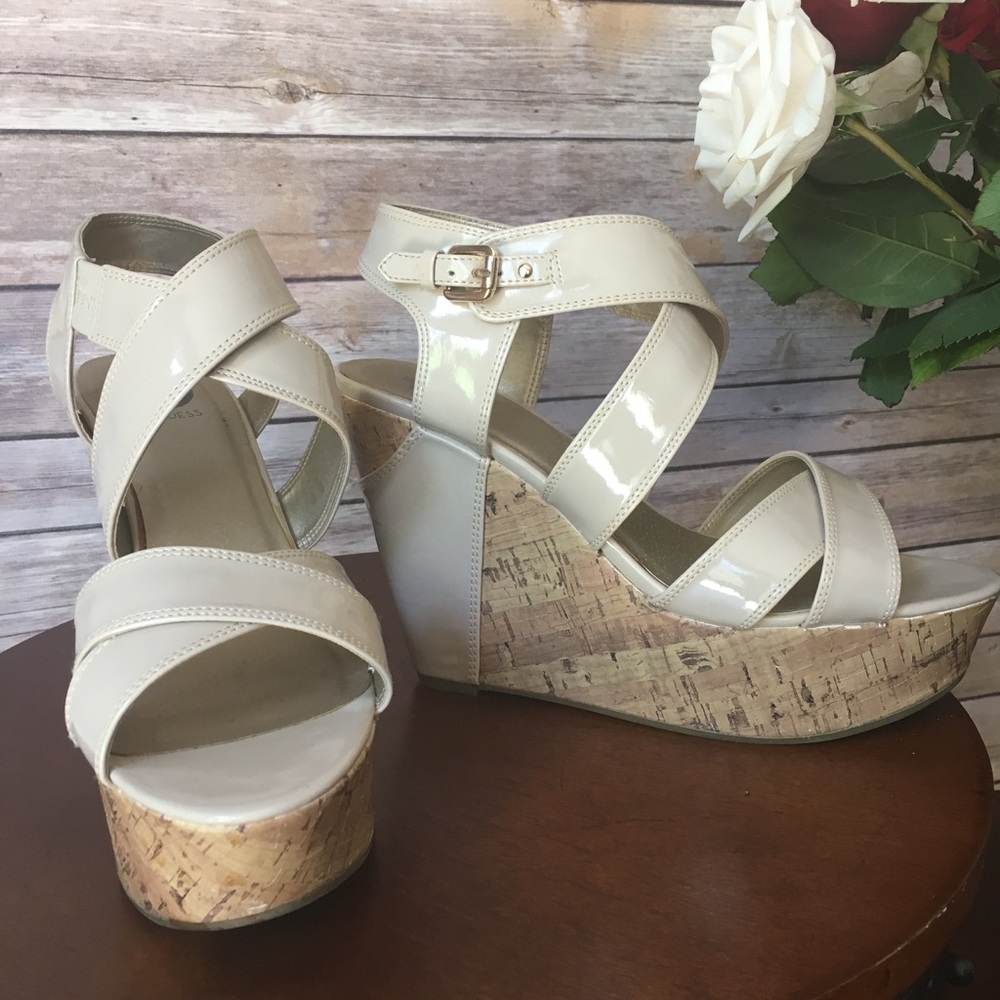 Patent leather tan wedges