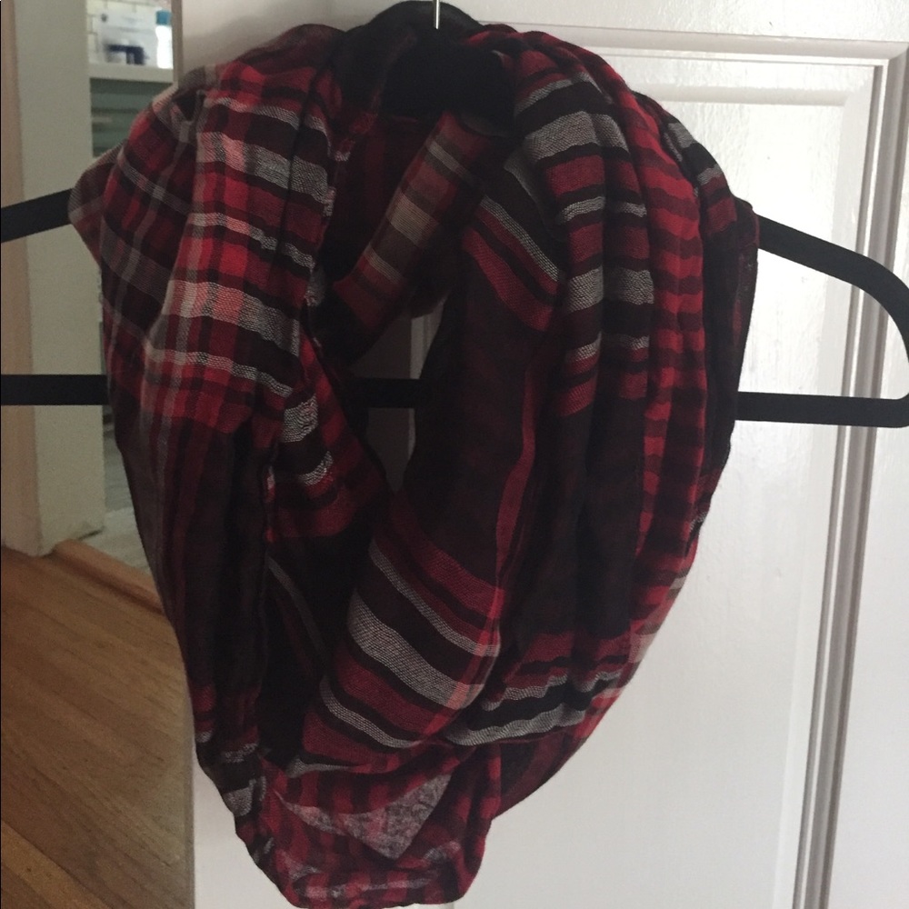 Infinity scarf in red, black and gray plaid.
