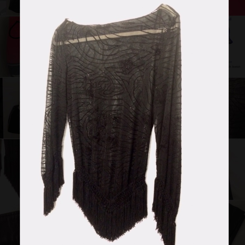 Intense Black sheer top with floral/fringe detail