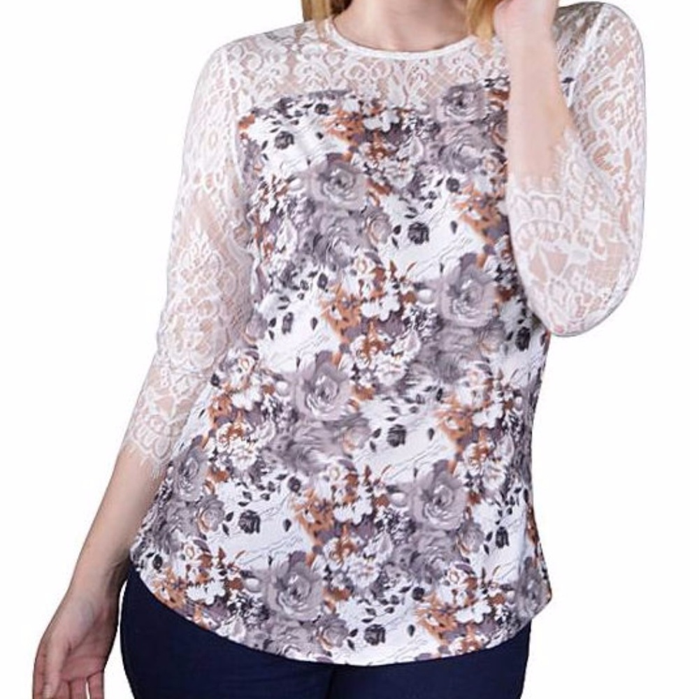 Plus Silky Gray and Brown Flowered Long Sleeve Top