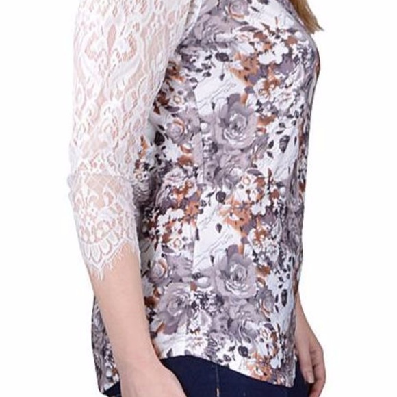 Plus Silky Gray and Brown Flowered Long Sleeve Top - Picture 3 of 4