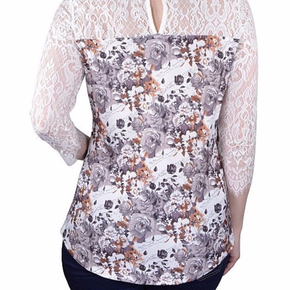 Plus Silky Gray and Brown Flowered Long Sleeve Top - Picture 2 of 4