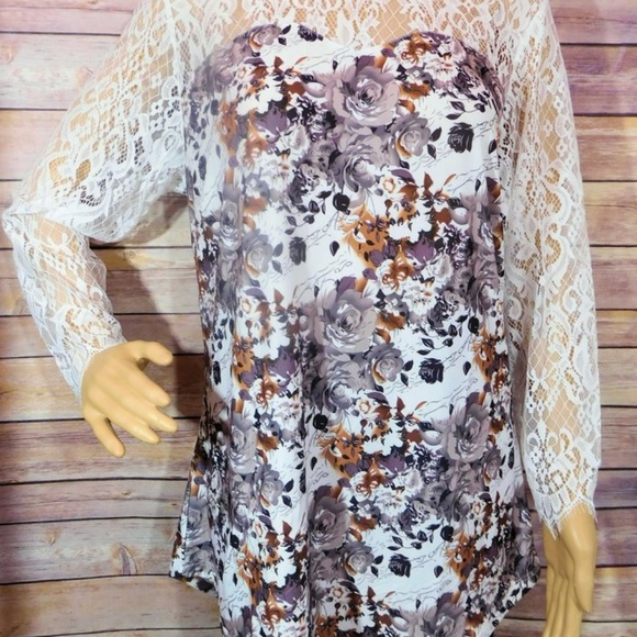 Plus Silky Gray and Brown Flowered Long Sleeve Top - Picture 4 of 4