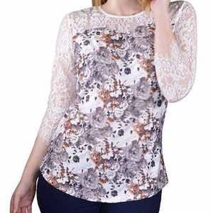 Plus Silky Gray and Brown Flowered Long Sleeve Top