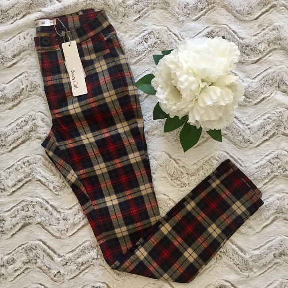 🎉HP🎉 NEW PLAID PANTS STRETCH SKINNY BLACK KHAKI - Picture 3 of 7