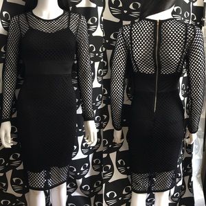 Black Fishnet Midi Long Sleeve Cocktail Dress