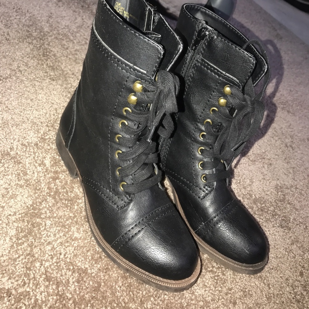 Black and brown/copper colored combat boots
