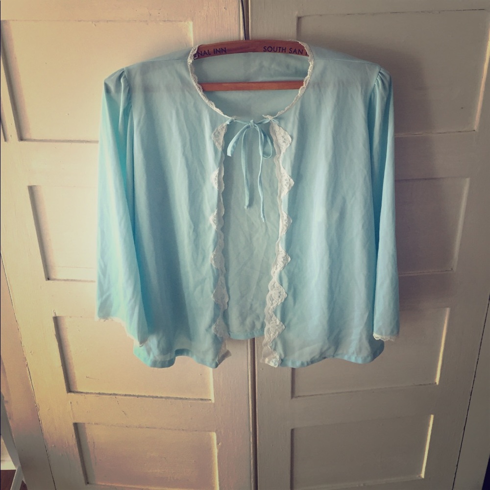 Vintage light blue lace trim mini robe cover up