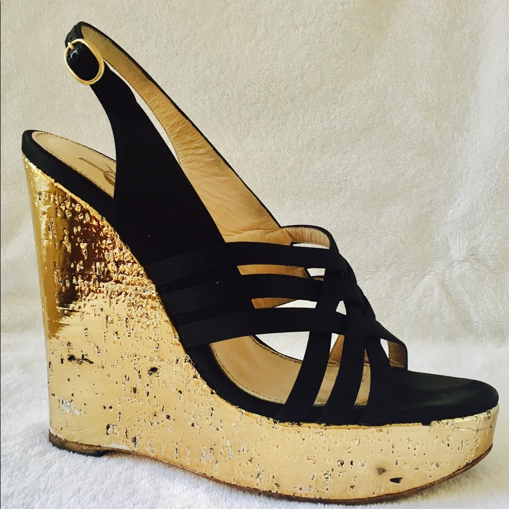 ♦️SOLD♦️YVES SAINT LAURENT Black Gold Cork Wedge