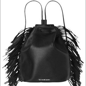 Victoria secret black leather fringe backpack