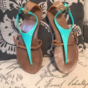 Tan and teal sandals