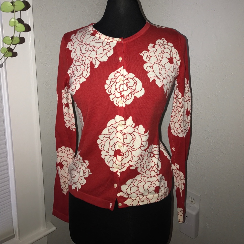 Long Sleeve Red Floral Cardigan 100% Cotton