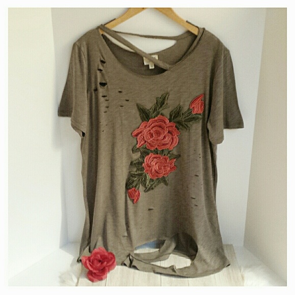 Tops - "Distressed in Roses" in Olive Green