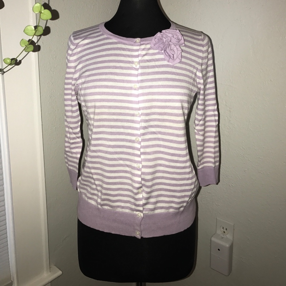 Lilac White Striped Cardigan Floral Detail 3/4 slv