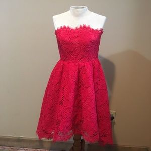 Red lace strapless dress