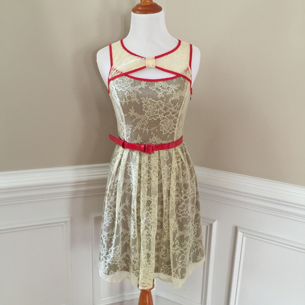 Cream & red lace dress with belt size small