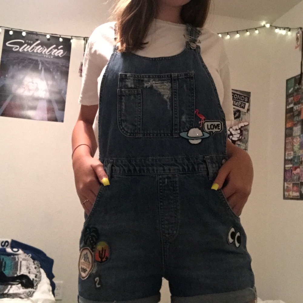 Topshop short patched overalls