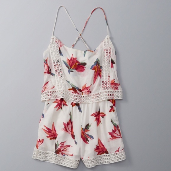 Abercrombie & Fitch Pants - A&F Lace Trim Overlay Romper