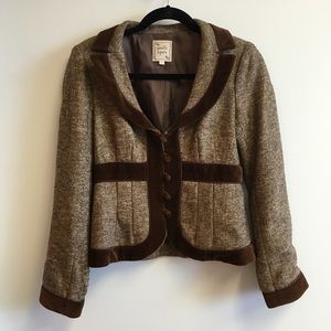 Nanette Lepore Brown Tweed Blazer Velvet Trim