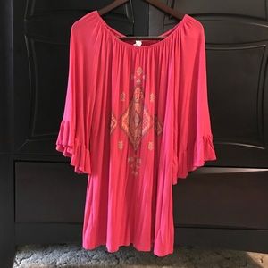 Aztec print red boho dress ruffle bell sleeves