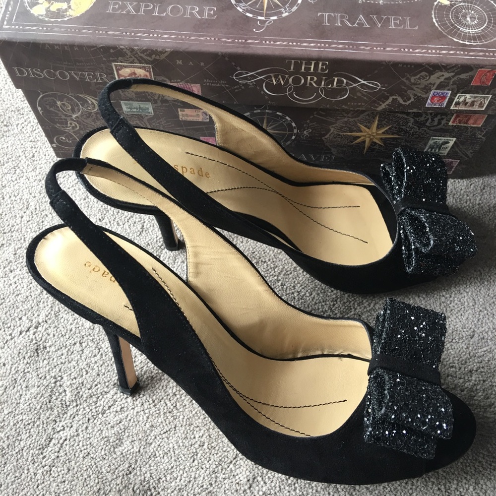 Black sling back pumps with glitter bow