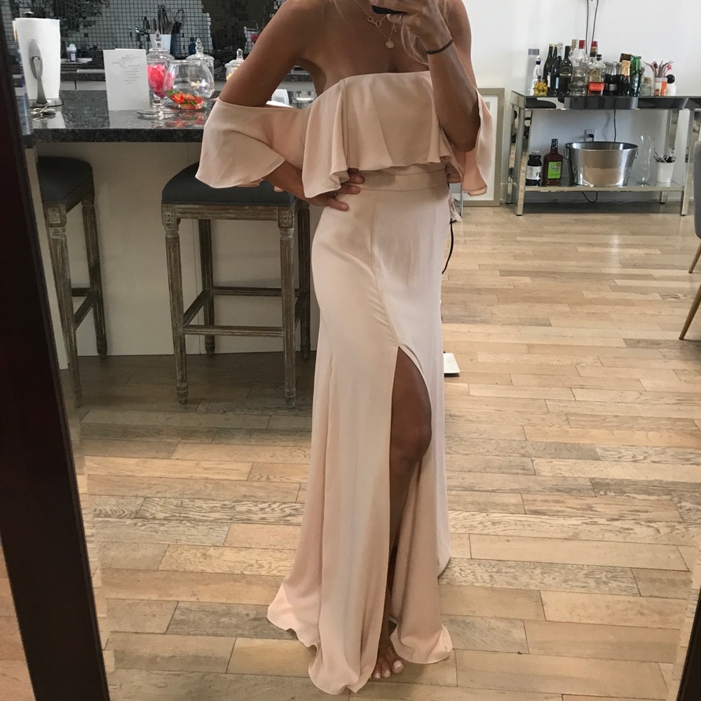 Fame and partners nude color off the shoulder gown