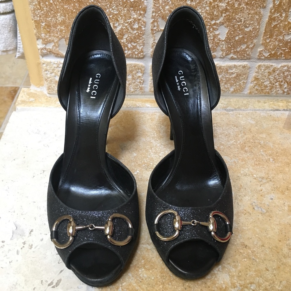 Gucci peep toe, shimmery charcoal heels
